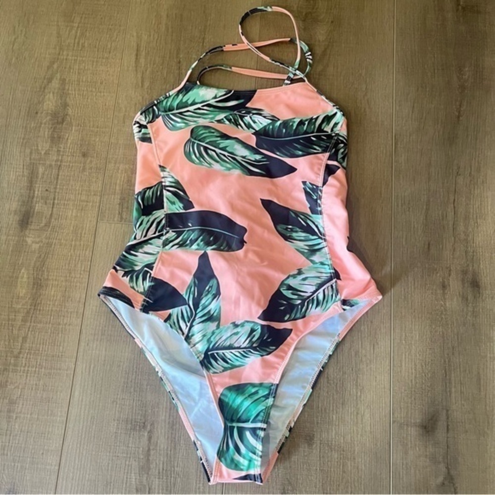 Waikiki Hawaii Orange & Green Palm Leaf‎ One Piece Swimsuit Lace Up Back NWT - Picture 3 of 12